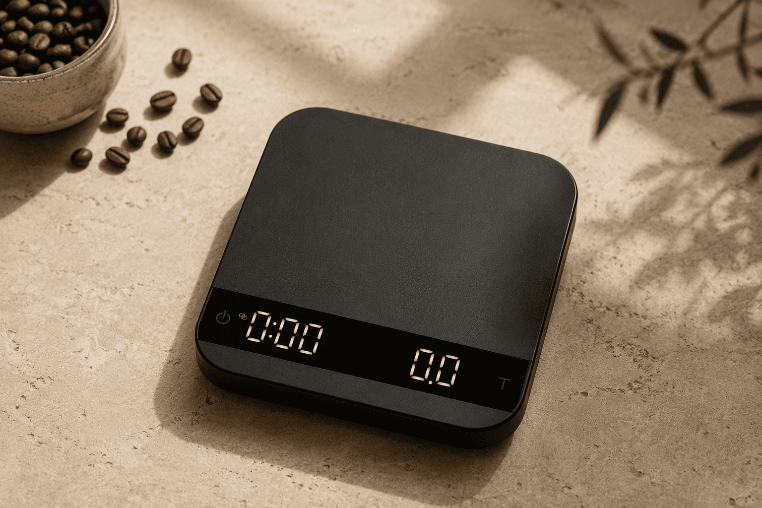 Black Acaia Lunar scale on a stone counter with coffee beans.