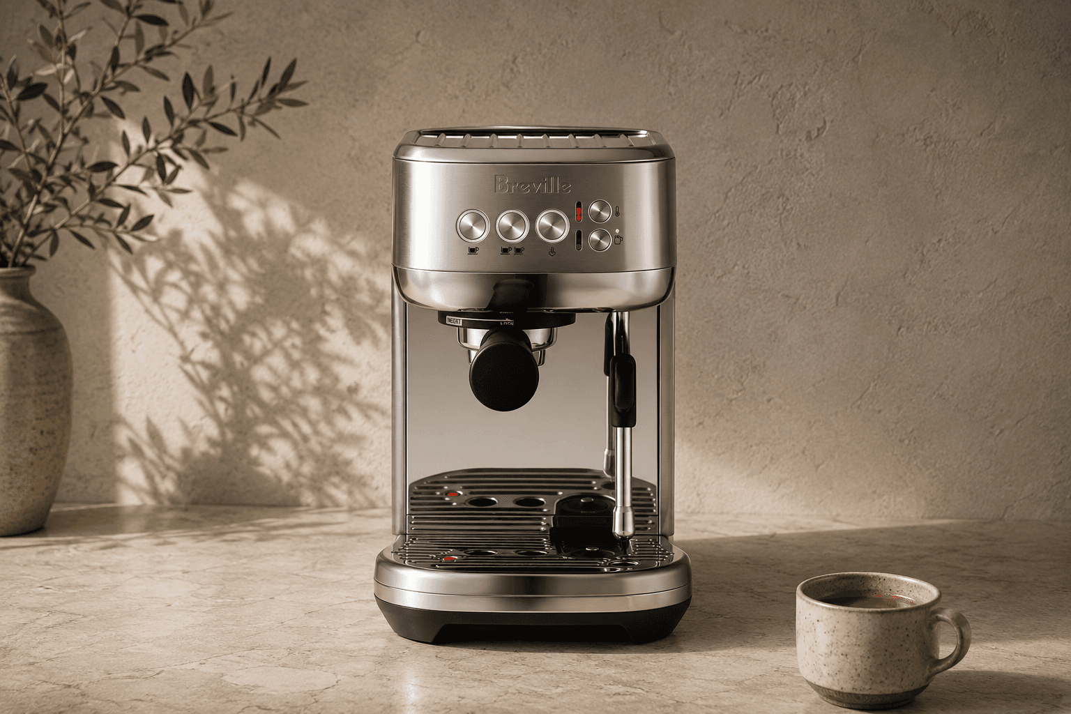 Breville espresso machine on a stone counter beside a coffee cup.