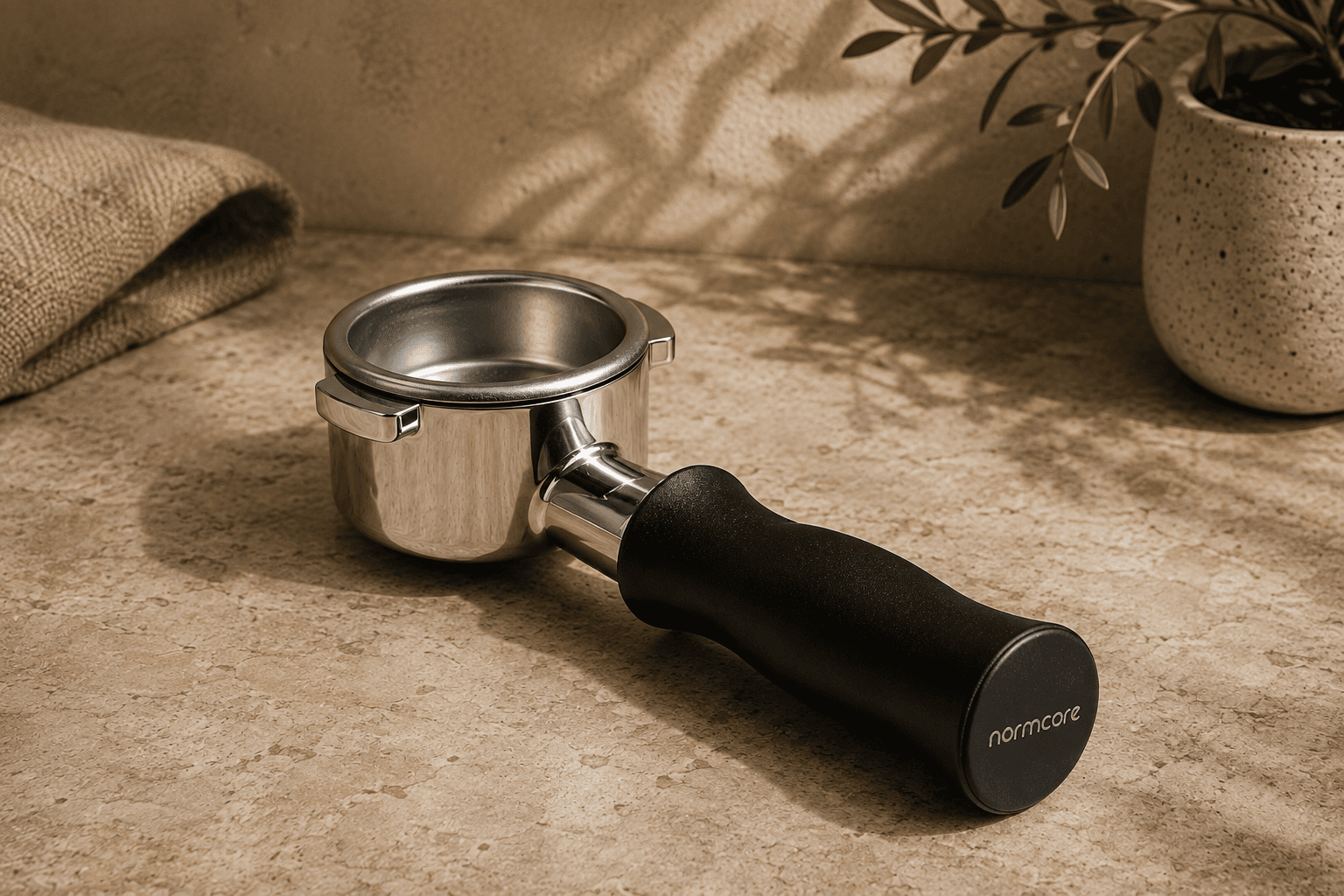Normcore portafilter on a stone counter.